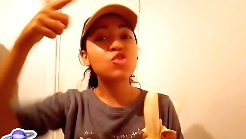 Cute and hot asian milf sucks you and eat a banana