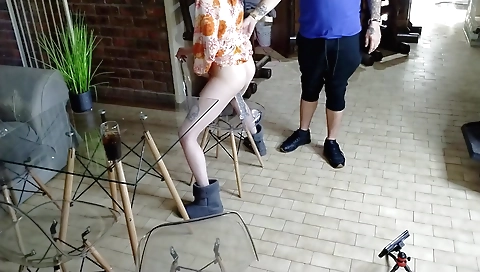 Indian girl with a big ass is on a chair with a dildo