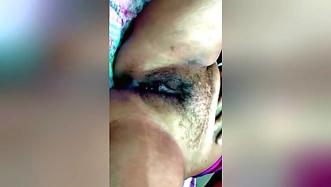 Amateur brunette fingering hairy pussy in doggy style