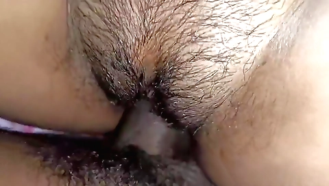 Amateur brunette with a hairy pussy gets it pounded