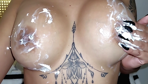 Amateur busty teen with tattooed tits humping on camera