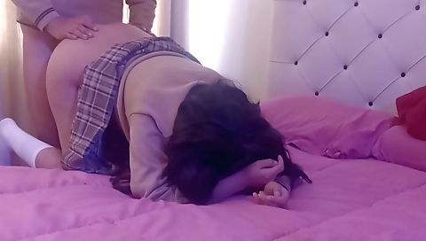Busty brunette chick cums on the floor to help stepbrother