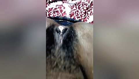 Indian solo girl with hairy pussy masturbates with a dildo