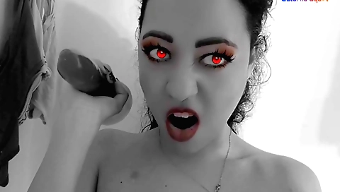Halloween vampire masturbation video with a brunette