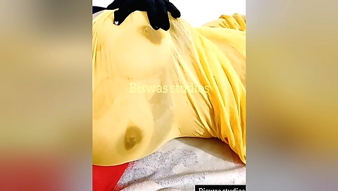 Sexy teen 18+ girl in a saree plays with her big boobs