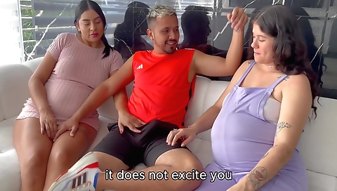 Pregnant brunette chicks and a huge dick threesome
