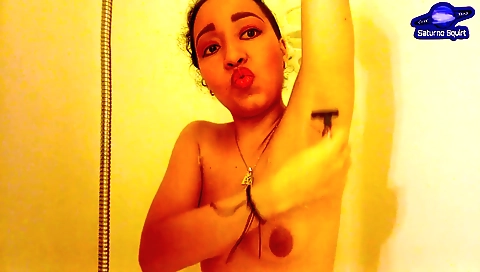 Indian amateur brunette enjoys a hot bath with dildo